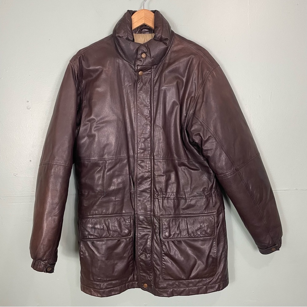 Vintage Eddie Bauer Leather Goose Down Puffer Jacket Men Size Medium Tall Brown